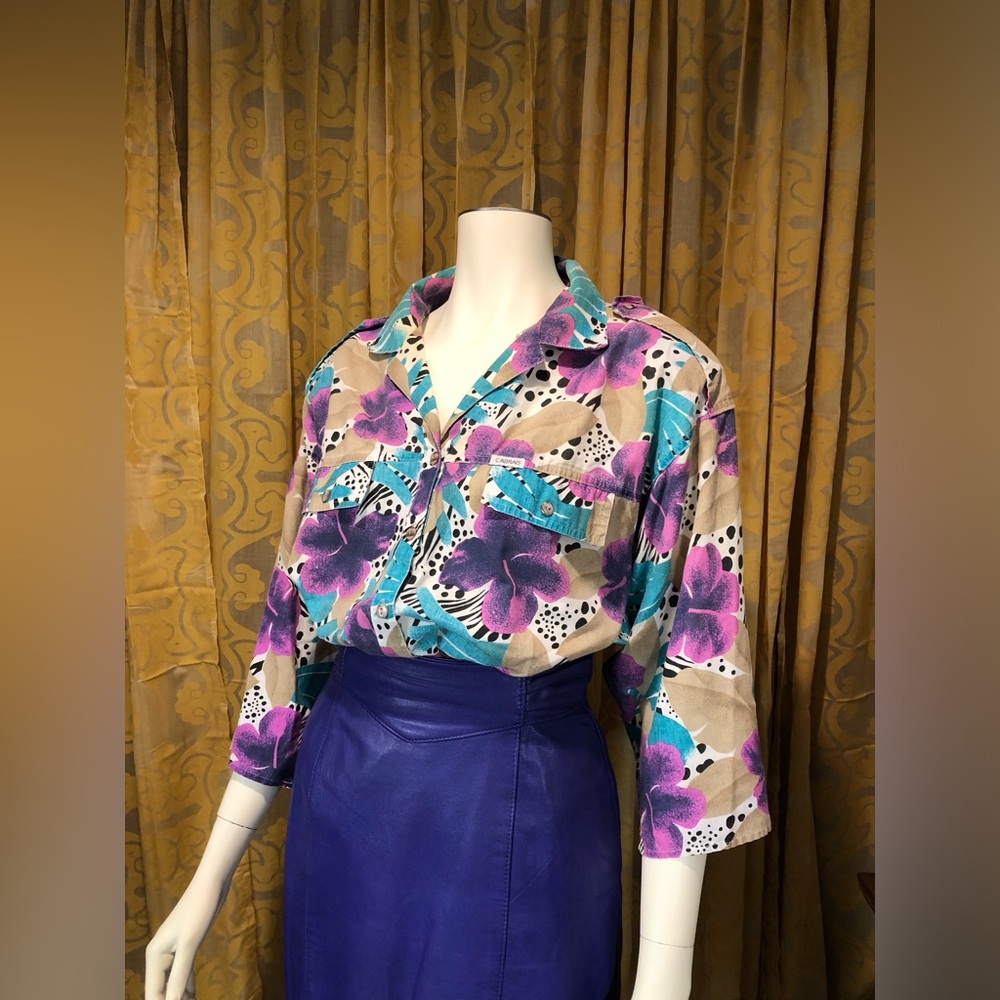 Vintage 80’s CABRAIS Teal Pink Floral Button Top